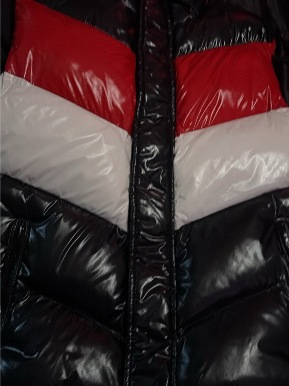 Shiny Chevron Puffer Jacket in Black, Red & White